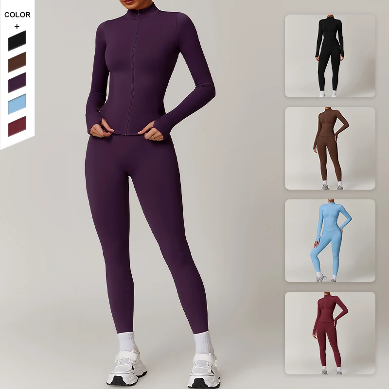 New Standing Collar Nude Full-Zipper Windproof Yoga Vest Suit Jacket  High Waist Hip Lift Push-Up  Fitness Pants Leggings Set