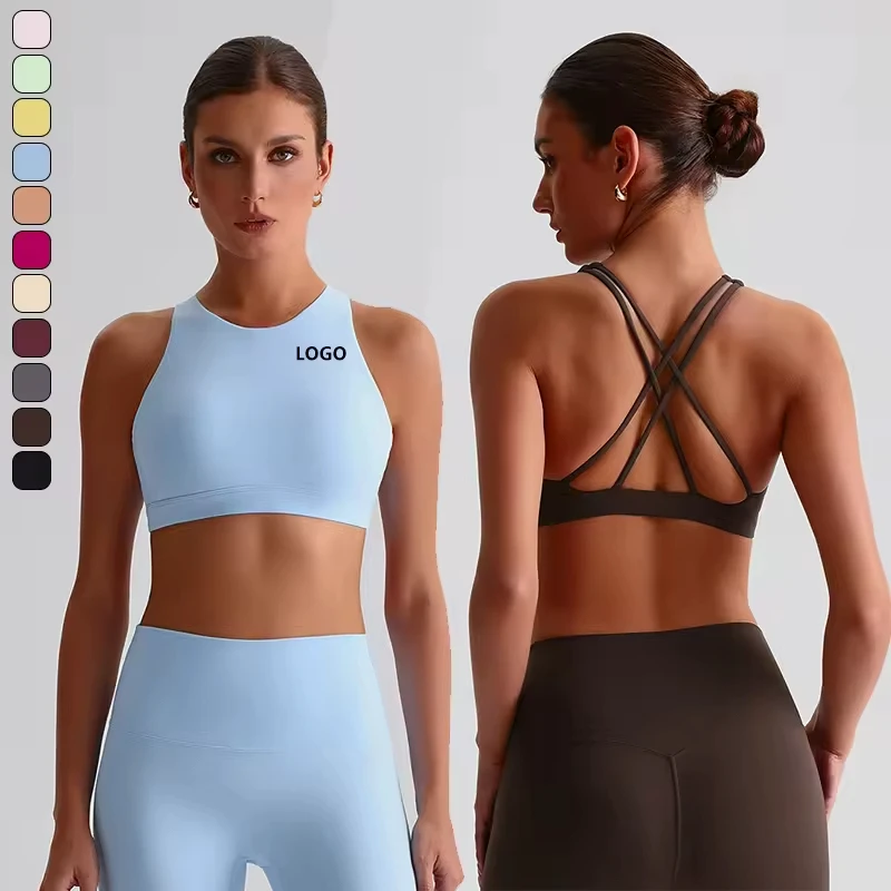 Custom Top Quality Cross Back Nude Yoga Bras Women Strappy Cross Back Printed Reversible Tight Fit Plus Size Sports Bra
