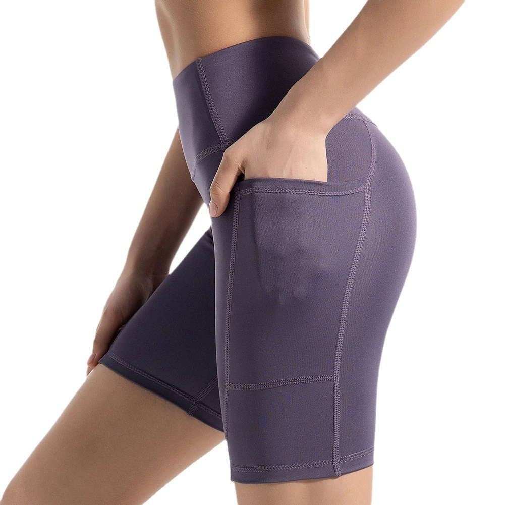 Summer Yoga Sports Tight Mid-length Solid Women's Peach Butt High Waist Side Pocket Fitness Quick-drying Wrinkle-resistant