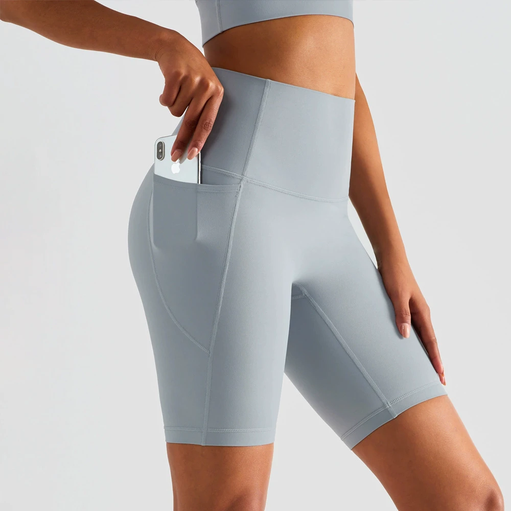 Custom Logo Nude Feel No Front Seam High Waist Women's Shorts Biker Running Sport With Pocket Soft Yoga Shorts