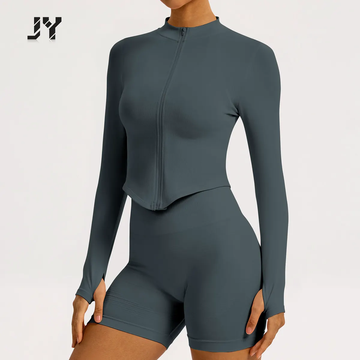 JYCustomizable Solid Front Fashion Outdoor Jogging Quick Drying High Elasticity Tight Women's Yoga Long Sleeved Shorts Two-piece