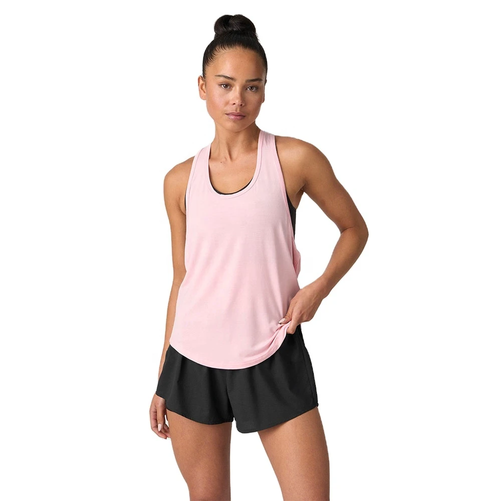 Women's Pink Racerback Tank Top Quick Dry Lightweight Polyester Breathable Fitness Workout Shirt with Front Logo Casual Style