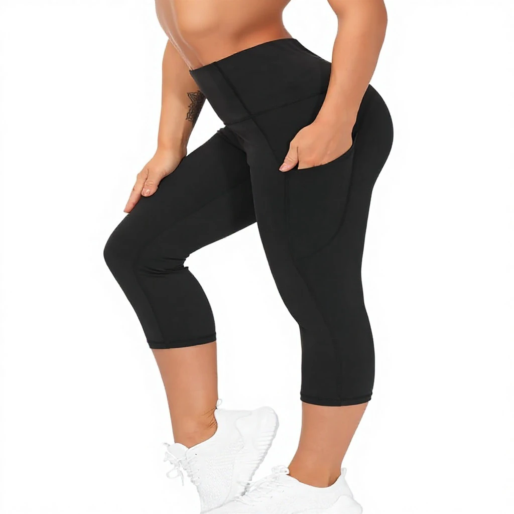 GYM PEOPLE Thick High Waist Solid Capris Yoga Pants Pockets Tummy Control Shapewear Wrinkle-Resistant Spandex/Nylon Leggings