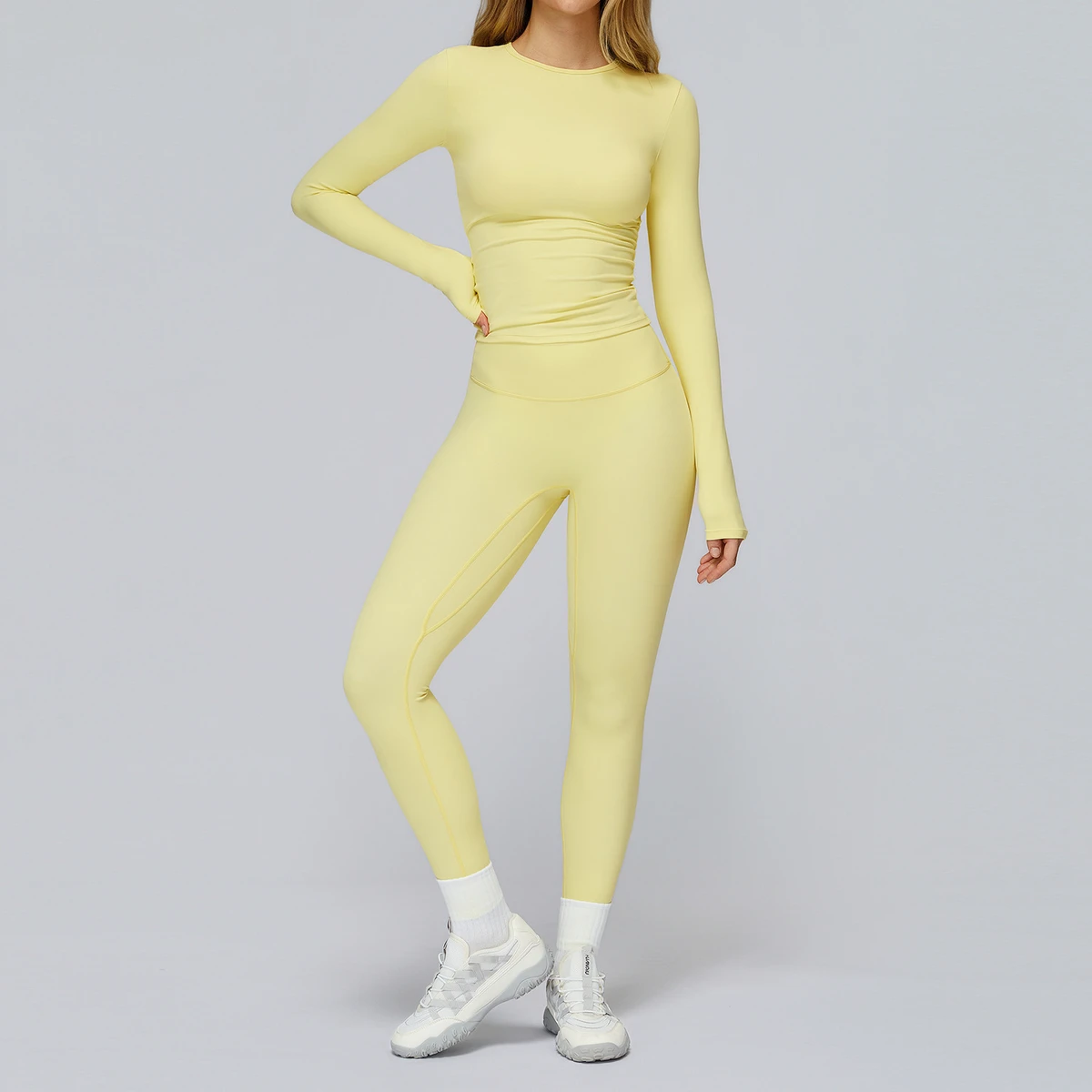 Long Wear Set High Waist Legging Crew Neck Shirt 2 Pcs Tracksuit Jogging Outfit Flat Butt Lift Tights Dance Pilates Shape Sets