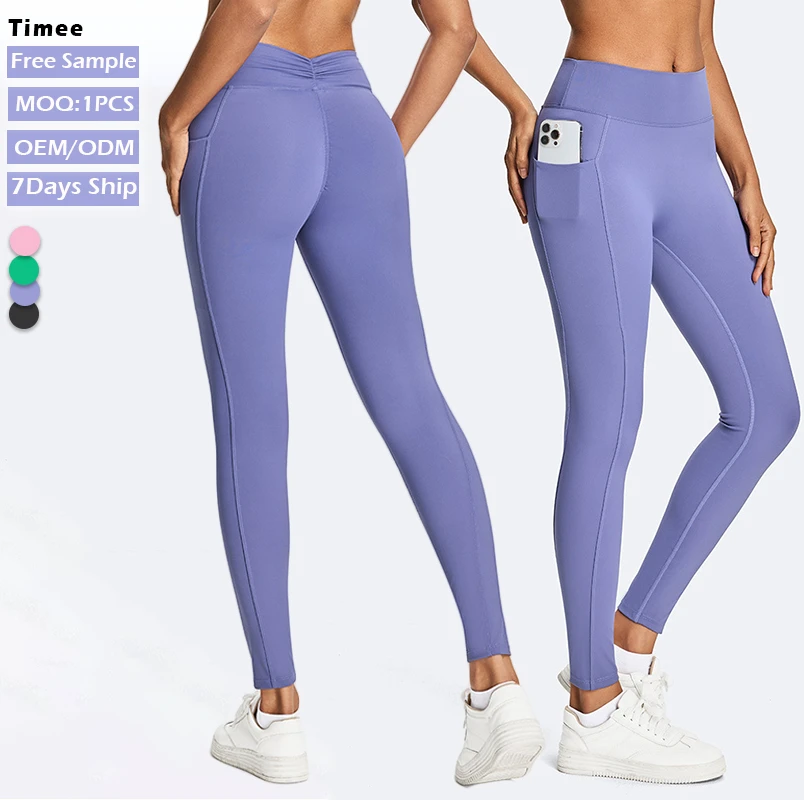 Women Nude Feeling Yoga Leggings with Side Pockets High Waist Ruched Butt Lifting No Camel Toe Sports Workout Pants