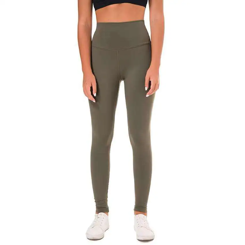 High Waist Full Length Ribbed Yoga Leggings Seamless Four-Way Stretch Spandex Nylon Pants Solid Color Elastic Waist