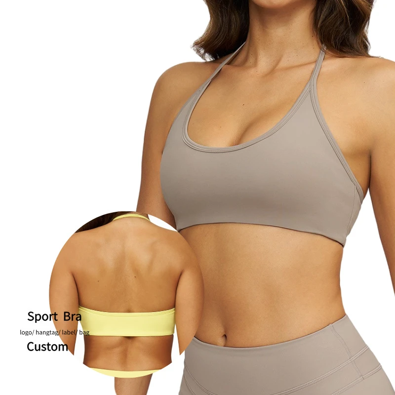 Sexy Big U Neck High Support Sports Bra Women Brushed Fabric Halter Quick Dry Running Fitness Top Removable Chest Pad Front Logo