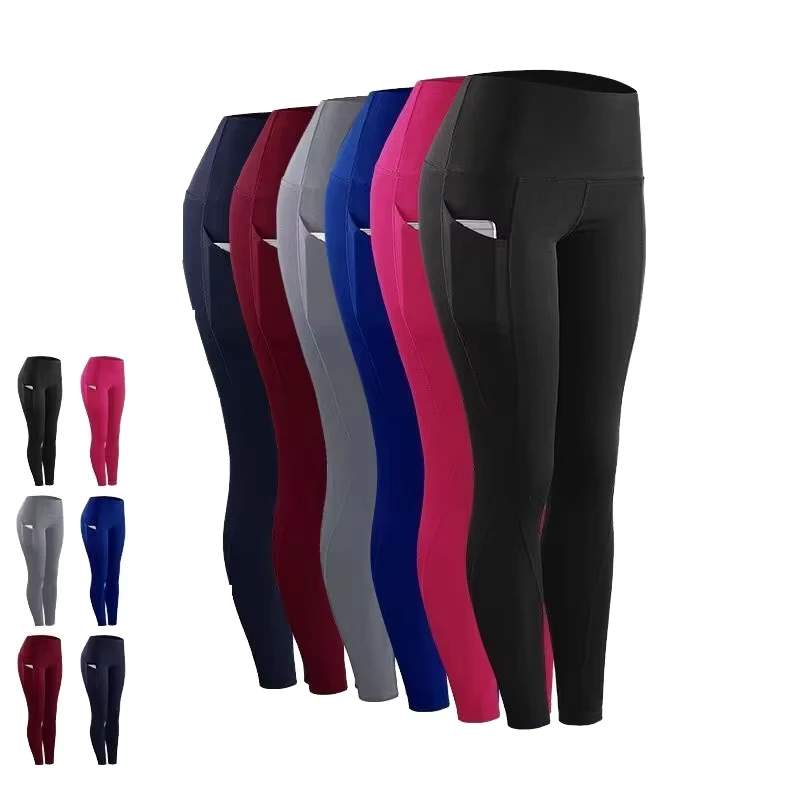 GZYEL-02336 High Elasticity Women's Solid Color Yoga Pants High Waist Soft Hand Feeling Fabric Sports Pants With Side Pocket