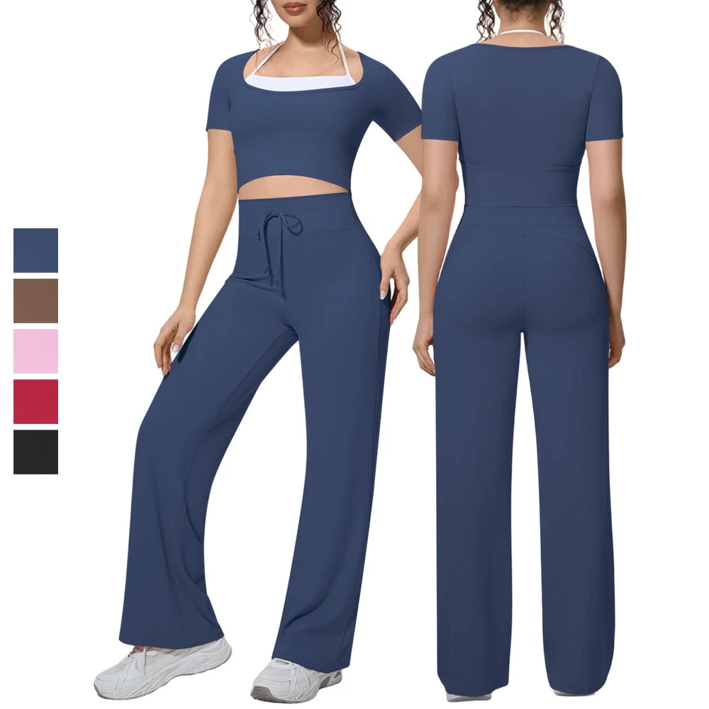 Women Summer Fitness Yoga Set Square Neck Crop Top High Waist Flare Leggings 2 Piece Gym Athletic Running Activewear