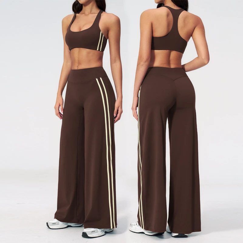 Women's New Medium Waist Solid Loose Pants Racer Back Sports Bra Outdoor Fitness Workout Set With Two Bars on Both Sides