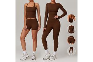 Women's Solid Pattern High Elastic Spandex/Polyester Workout Wear Sets Gym Shorts Long Sleeve Top High Waist Fitness Yoga Sports