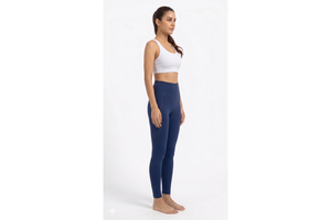 Blue Women High Waist Breathable Yoga Pants Solid Workout Knitted Weaving Stretch Fabric Snow Flex Sculpt Pocket Yoga Pants