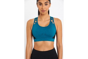 Women Eco-Friendly Medium Support Sports Bra with Crisscross Straps Seamless Design Front Logo for Yoga & Running