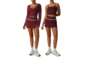 Women High Waist Elastic 2-Piece Skirt Quick Dry Slim Fit Breathable Yoga Running Set Plus Size Options Nude Solid Color Front