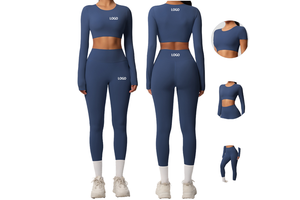 Women's Seamless Yoga Set Quick-Drying Long Sleeve Top & Breathable Solid Pattern Leggings With Logo On Waist Gym Outfit