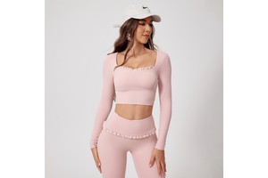 FLW Women's Long Sleeve Lace Yoga Suit Comfortable XXL Fitness Crop Top Leggings Breathable Seamless Sportswear for Gym Workout