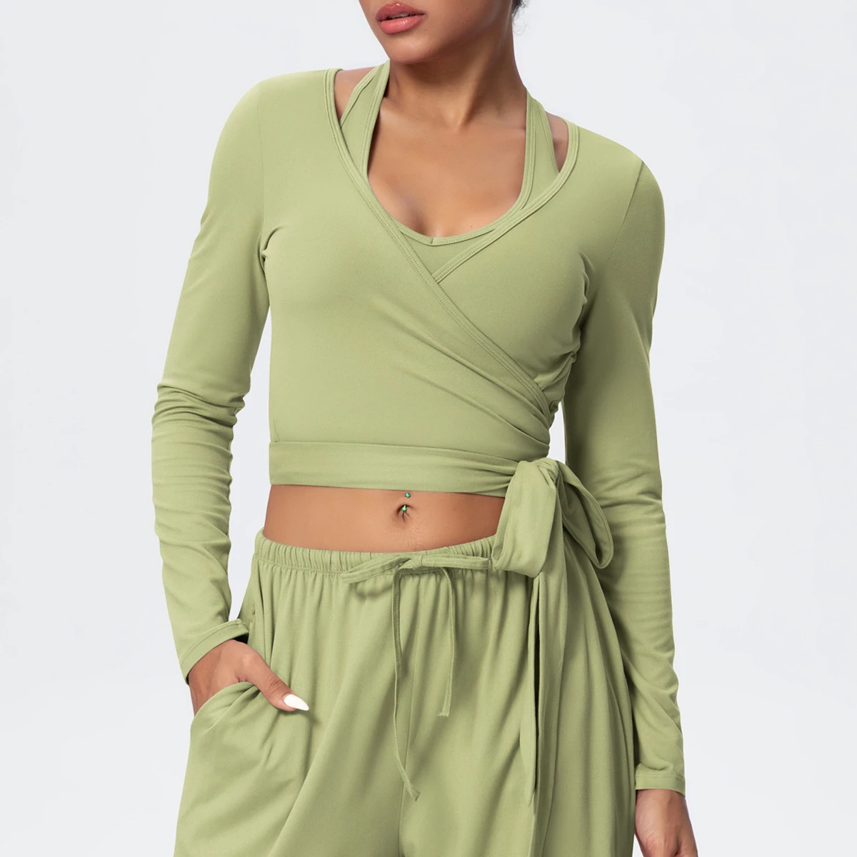 Women's 2-in-1 Brushed Crossover Long-sleeved Yoga Top, Four-way Stretch V-neck Breathable Sportswear