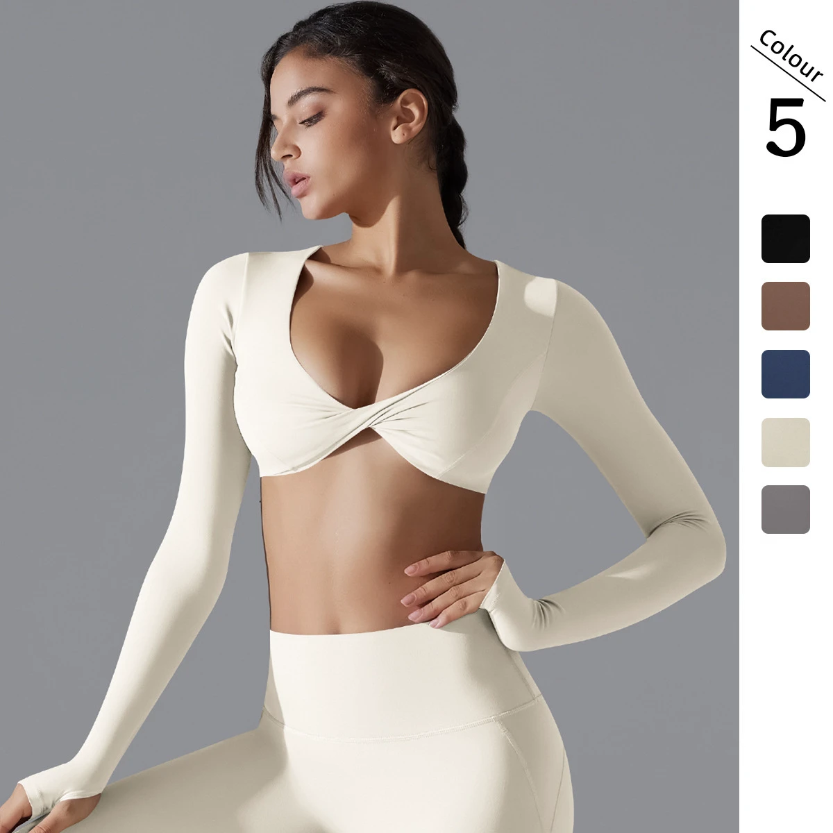 New Sports Long-sleeved Fitness Women's Deep V-neck Slim-fit Breathable Nylon Spandex Solid Color Instagram Style Yoga