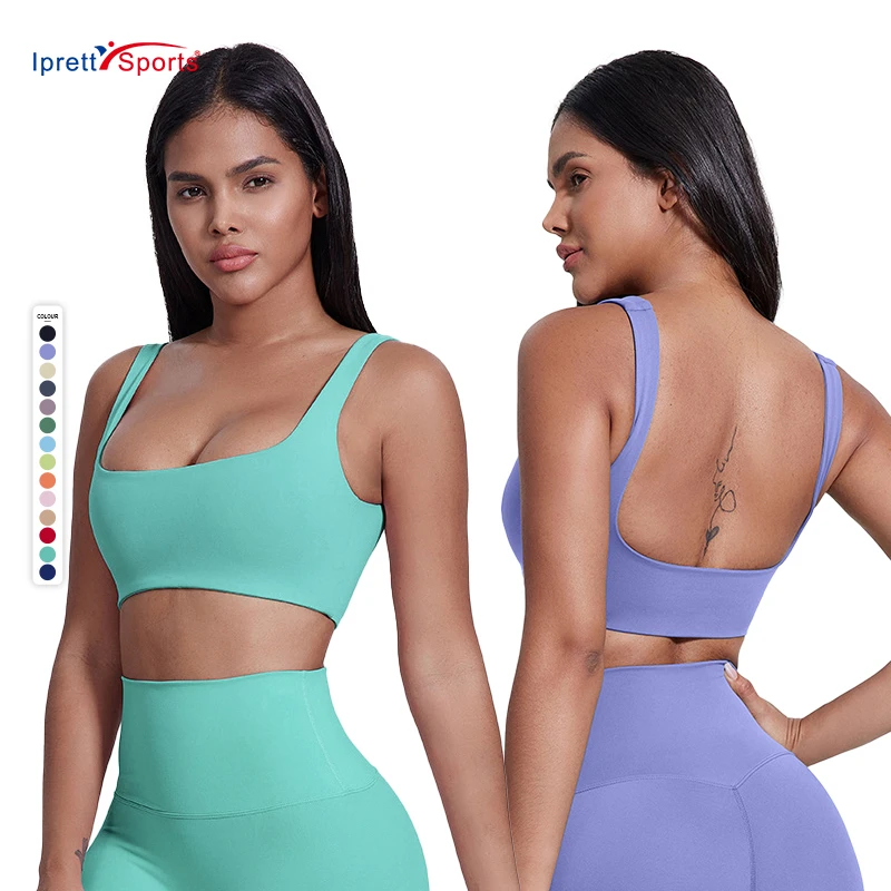High Impact Sexy Girl's Padded Sport Bra 4-Way Stretch Deep U Neck Activewear Yoga Bra for Running Fitness