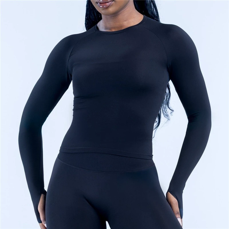 Popular Yoga Wear Lightweight Long Sleeve Tops with Thumb Holes Front Logo High Stretch Breathable for Women Workout Fitness