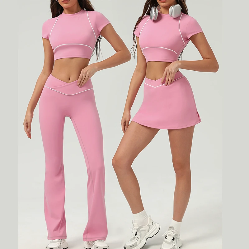 Women Workout Sets 2 Pieces Yoga Outfits Gym Clothes Crop Top with Skirt Set High Waist Leggings Wide Leg Sweat Pants Sets
