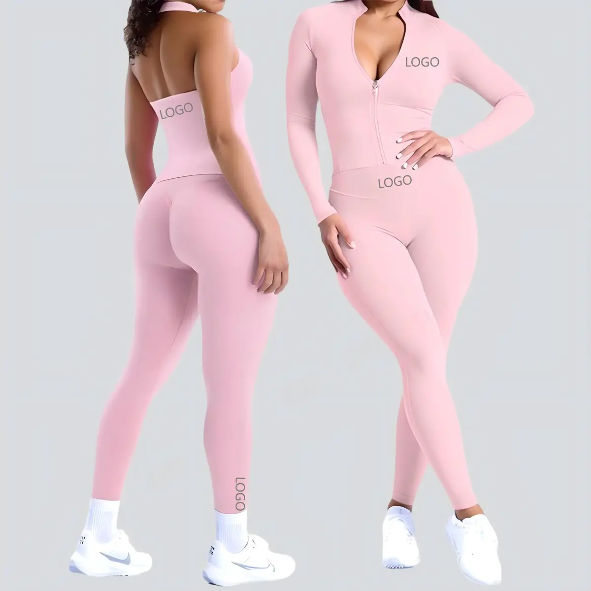 Custom Women Yoga 5 Piece Sets Solid Quick Drying Shorts V-neck Vest Cross Back Bras Seamless Leggings Elastic Waist