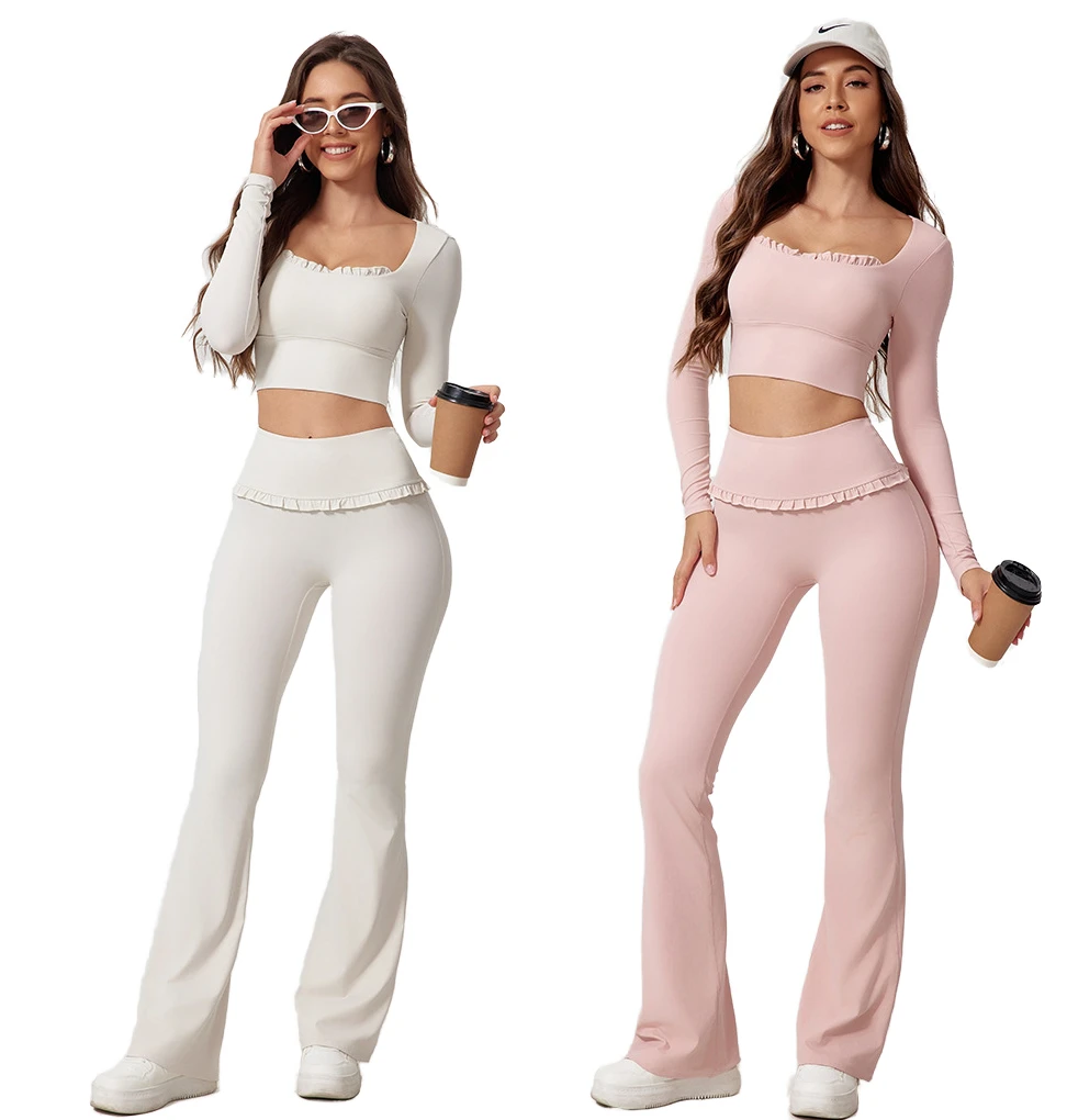 Custom Breathable Long Sleeve Gym Fitness Set For Women Laced Yoga Wear Outdoor Workout Casual Sports Sets