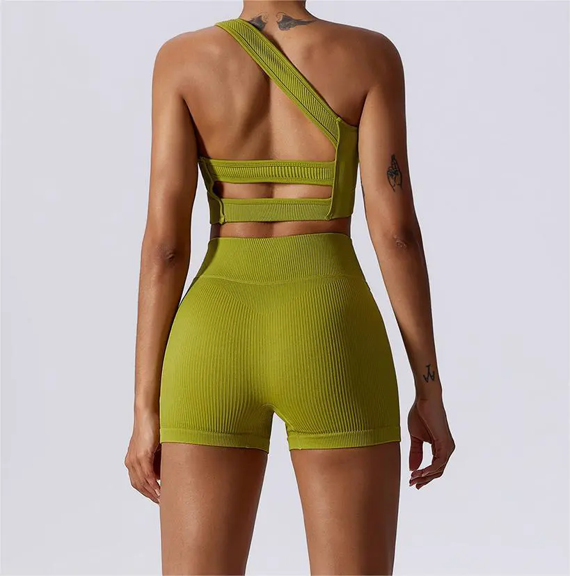 Seamless One Shoulder Sports Bra High Waist Compression Fitness Biker Shorts Sets Women