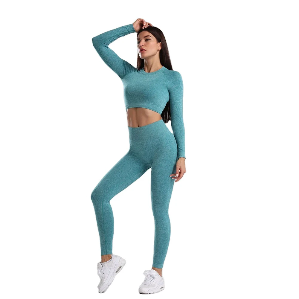 High Performance Solid Yoga Set Women 2-Piece Activewear Breathable Eco-Friendly Spandex/Polyester V-neck Strapless Full-Length