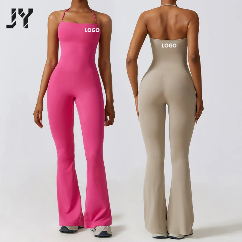Joyyoung New Top Selling Halter Butt Lift Buttocks One Piece Flared Bodysuit Fitness Yoga Sports Jumpsuit Yoga Sets For Women