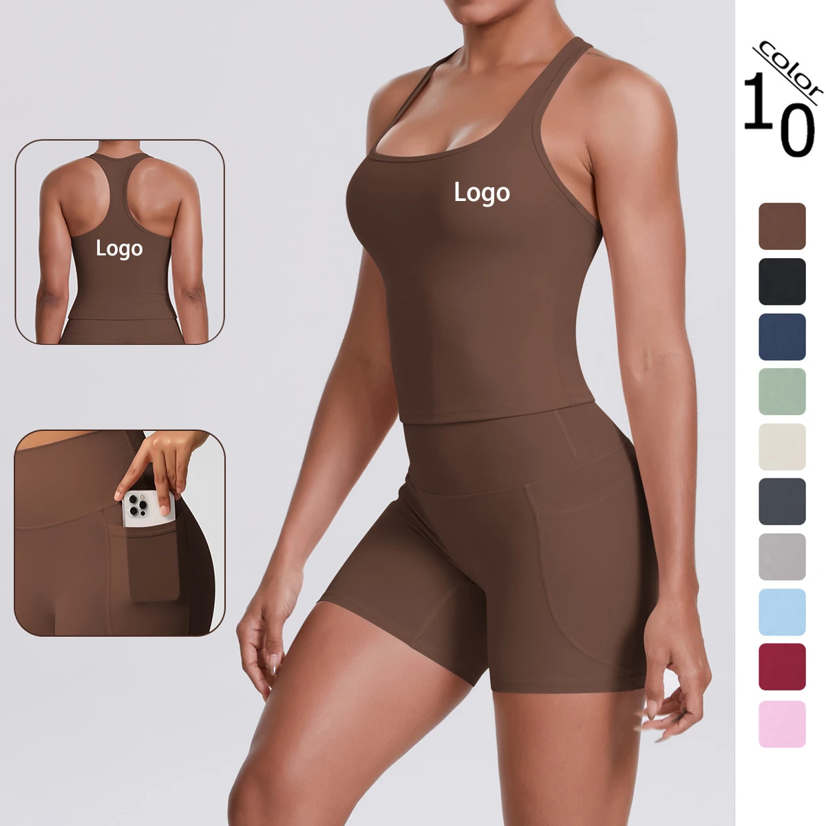 Women's Summer 2 Piece Sleeveless Yoga Shorts Set Quick Dry High Stretch Nude Feel Gym Fitness Sets With Side Pockets