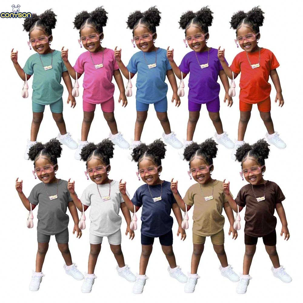 Conyson Summer Children's Clothing Cotton 2 Piece Sets Biker Girls Kids Clothes Wholesale Teenager Custom Kids Sweatsuit Sets