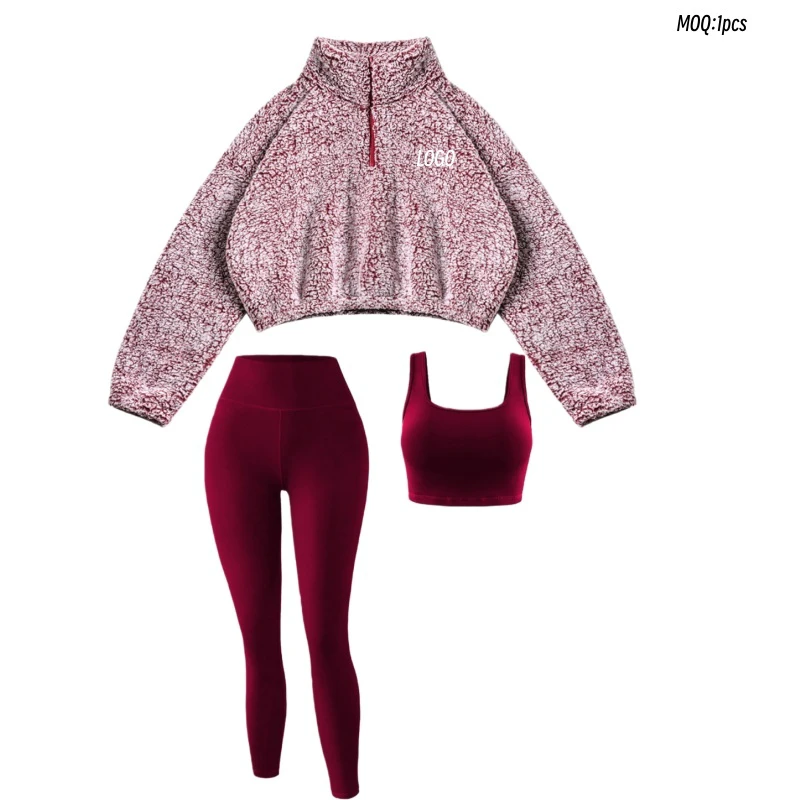 Aoyema Women's Sports Wear Yoga Suit 2025 Autumn Hoodie Half Zipper Breathable High Waist V-neck Three-piece Gym Fitness Set