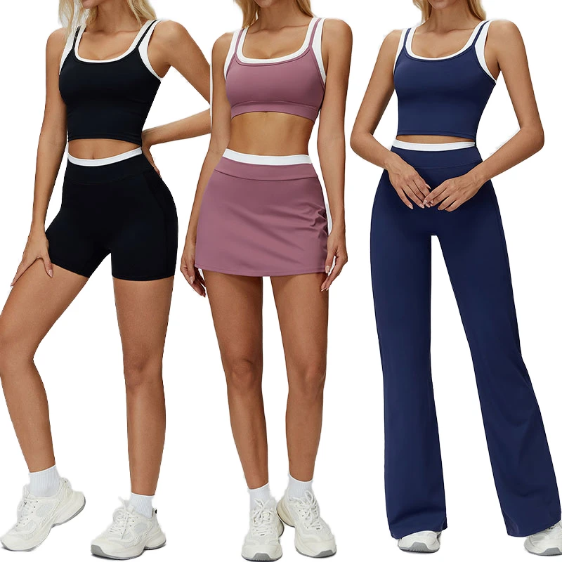 Women's 6-Piece Breathable Color Blocking Skirt & Tracksuit Gym Fitness Yoga Sports Set Active Wear Color Blocking Yoga Set