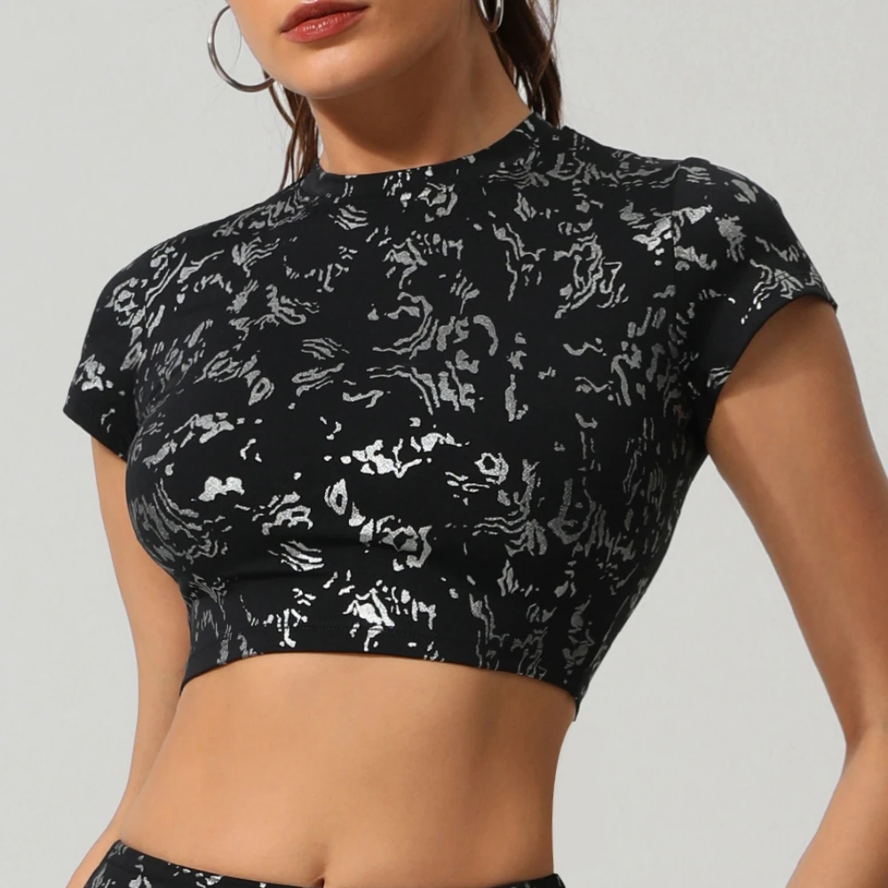 Women's Hot Stamping Round Neck Short Sleeve Slim Fitted Running Gym T Shirts Breathable Nylon Basic Yoga T-shirt for Women