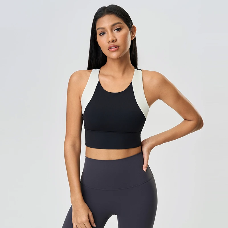 Workout Crop Top Double Layer Built In Bra Breathable Quick Dry Four Way Stretch Yoga Running Contrasting color patching design