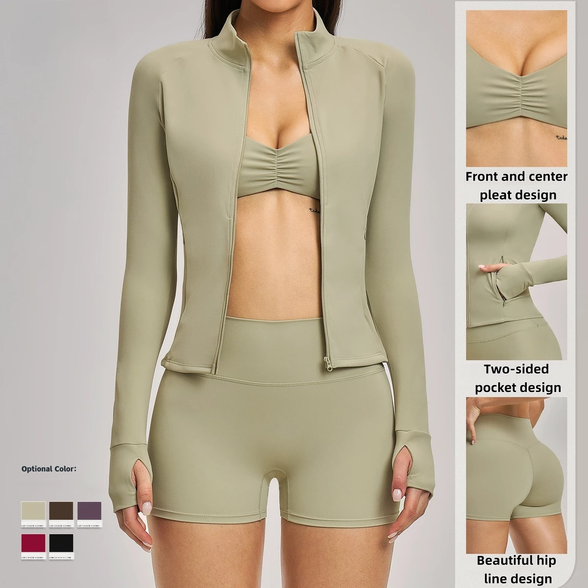 Women's Summer Yoga Sports Three-Piece Set Elastic Lightweight Spandex/Nylon Quick-Dry Breathable High-Waisted Full-Sleeve Crew