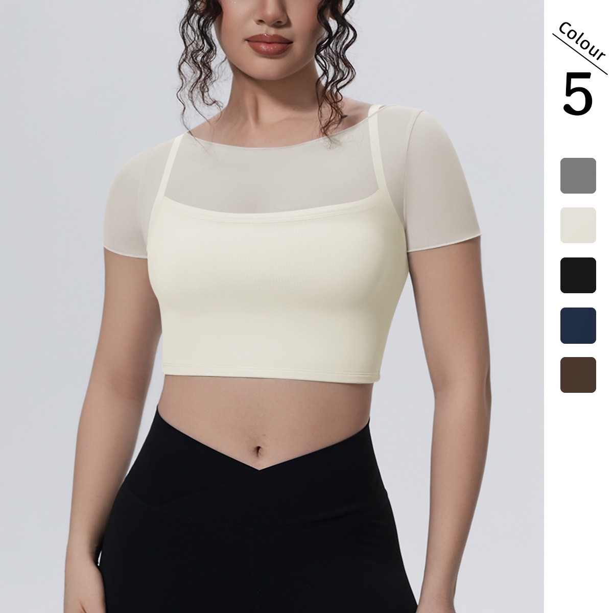 TongJoes Women's New Cross-Border Solid-Color Mesh Double-Layer Breathable Tight-Fitting Spandex/Nylon Mock-Two-Piece Top Yoga