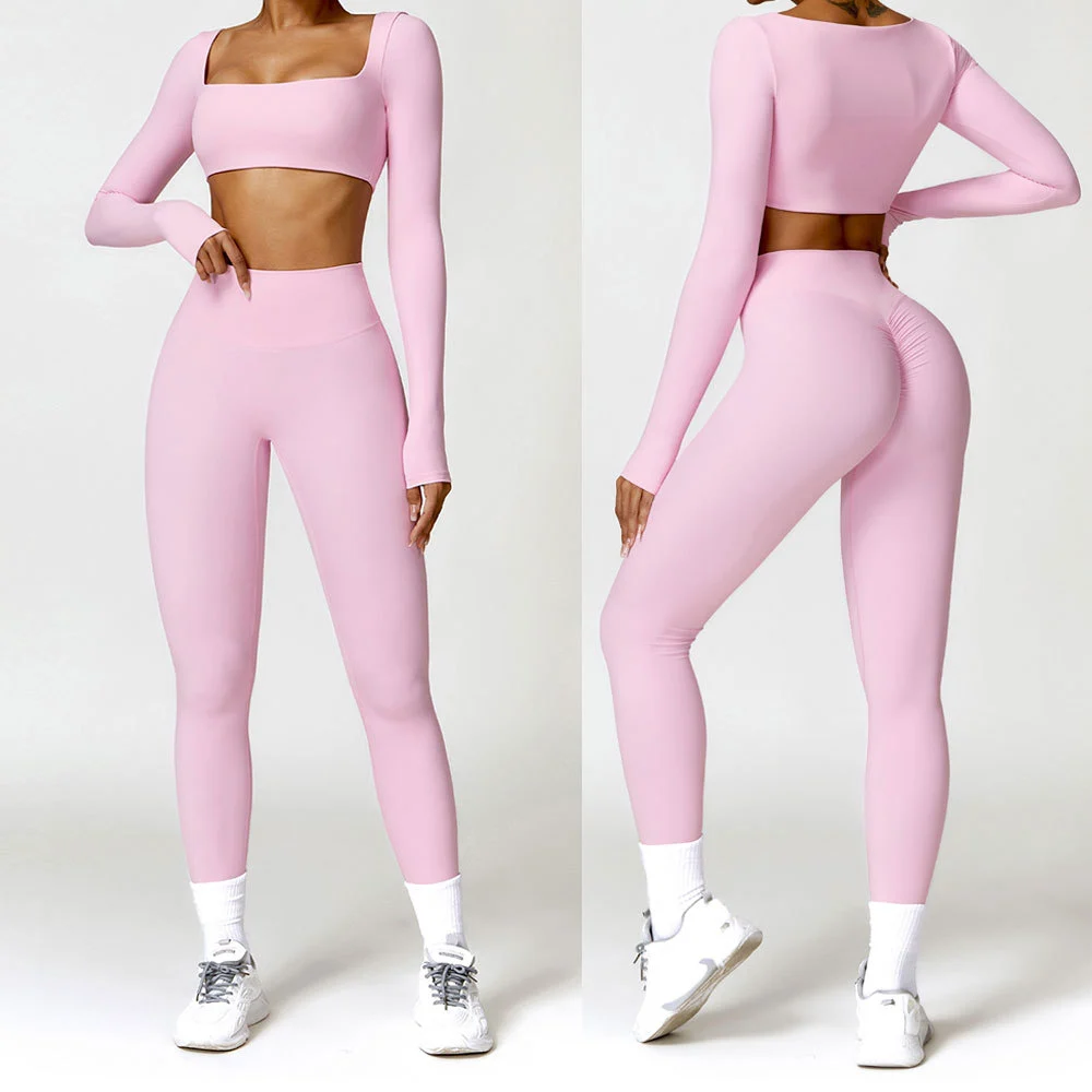 Eco-friendly 2 Piece Scrunch High Waist Leggings Suit Long Sleeve Workout Wear Gym Sportswear Women Fitness Clothes Yoga Set