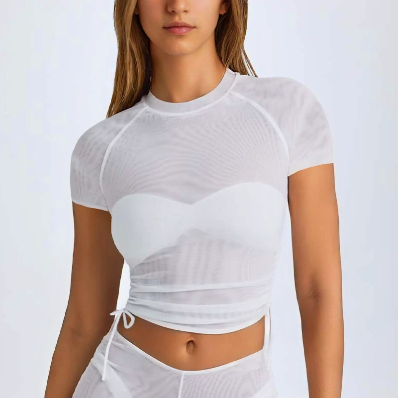 Women's Sexy Mesh Sports Yoga Top Casual Summer Running Fitness Gear Breathable Drawstring Long-Sleeved Short-Sleeved Knitted