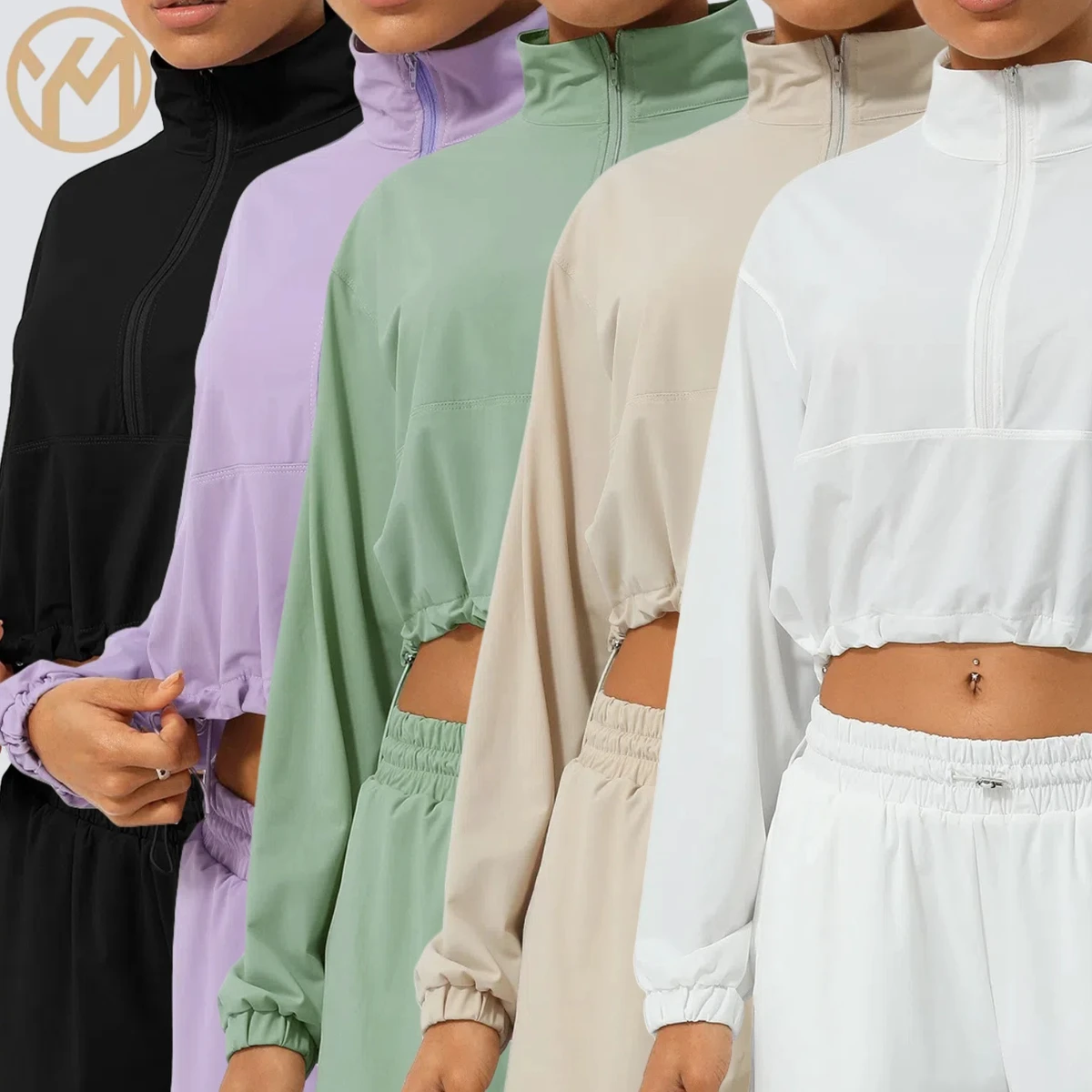 Yimo Women Half Zipper Yoga Suit Lady Long Sleeves Loose Shorts Golf Sportswear Female High Neck Sunscreen Gym Two-Piece Set