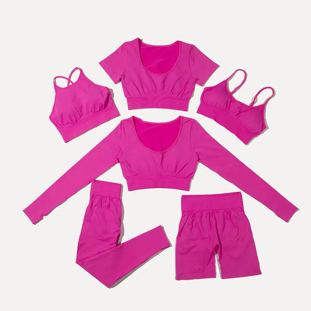 Women's Solid Color Yoga Set 6-Piece Gym Fitness Workout Shorts Breathable Eco-Friendly Washed Active Wear