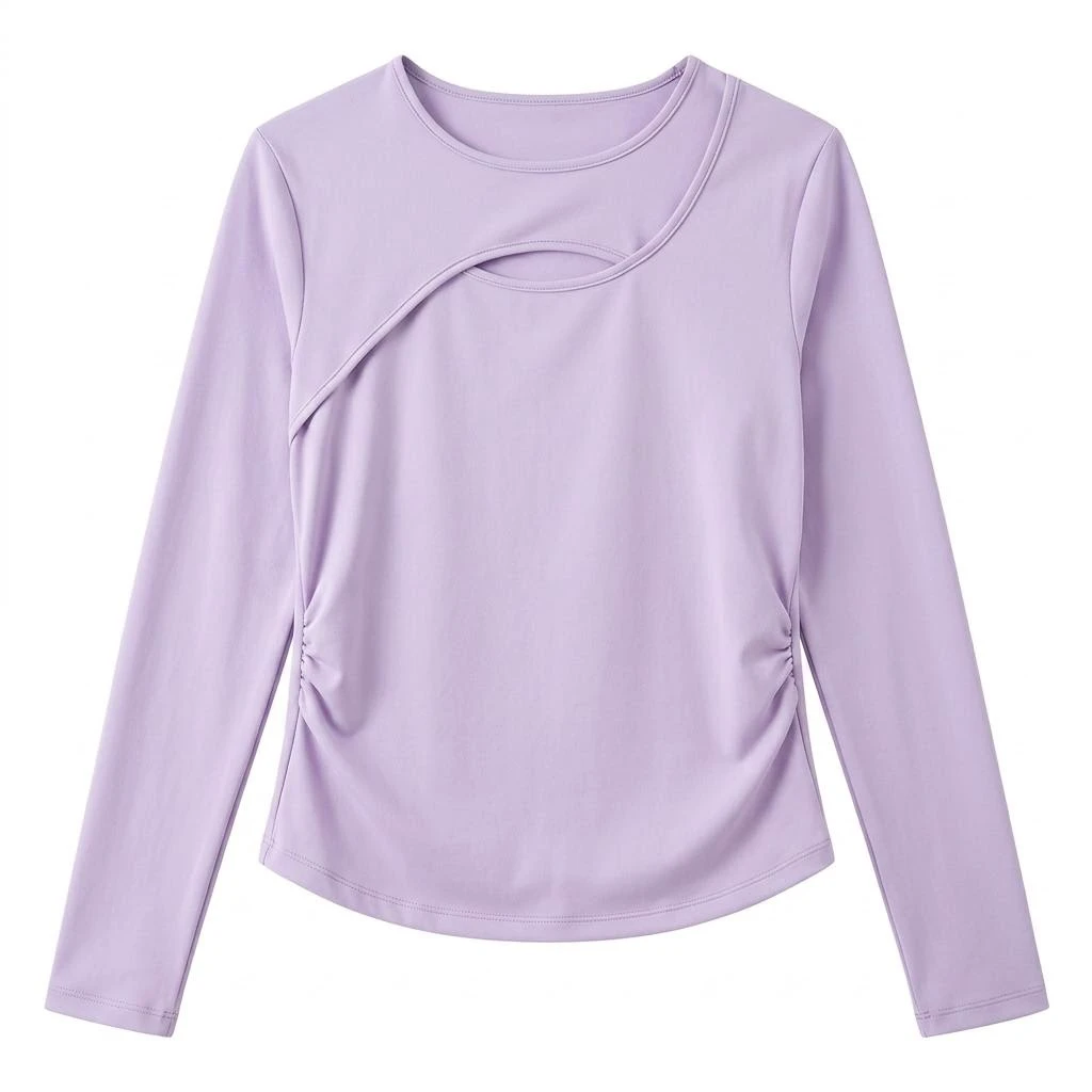 Women's long-sleeved sporty top with openwork design, side pleated slim-fit casual yoga top, customizable