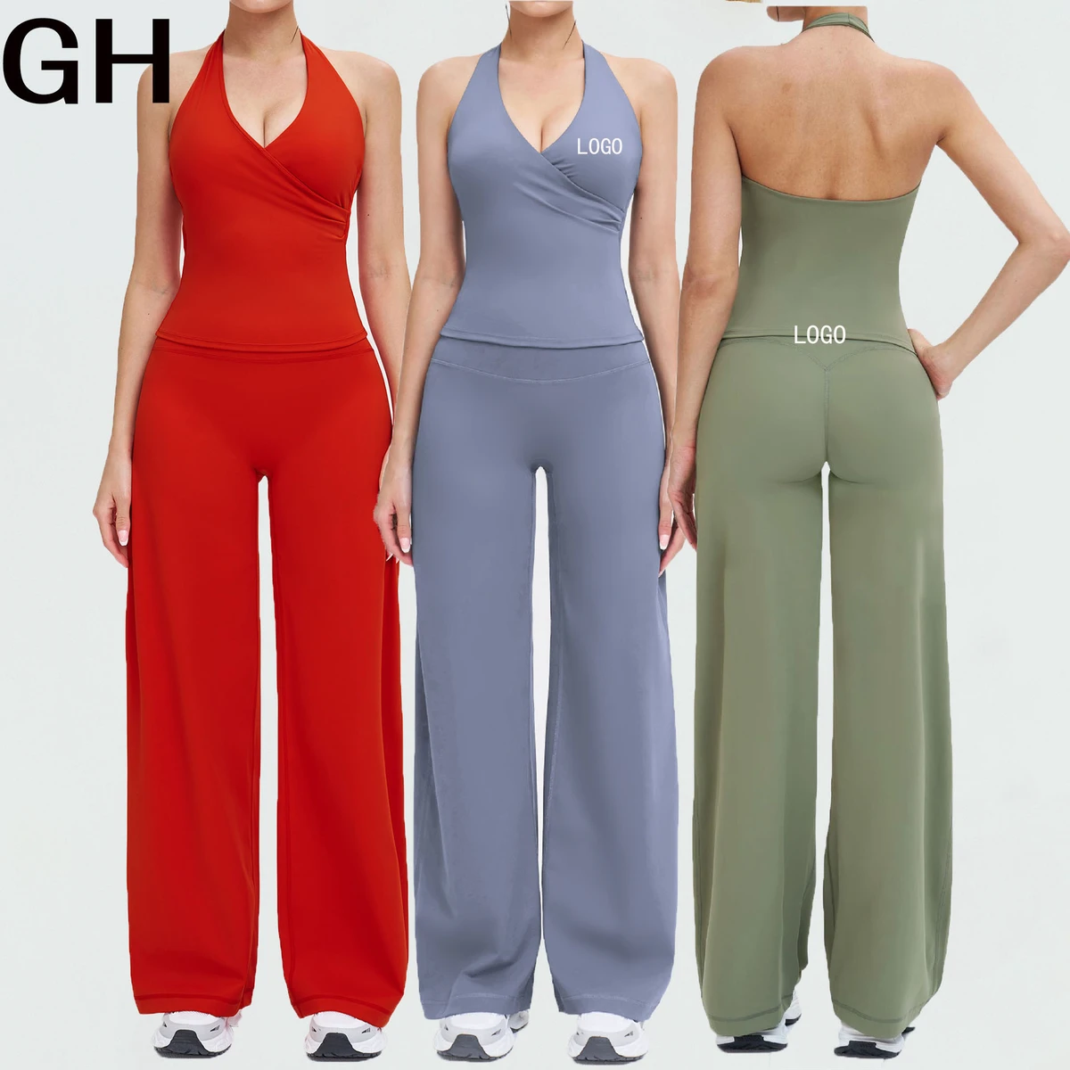 GH New Design Active Wear Women Sports Halter Tank Top Running Workout Wide Leg Pants Two Piece Flare Leggings Yoga Sets