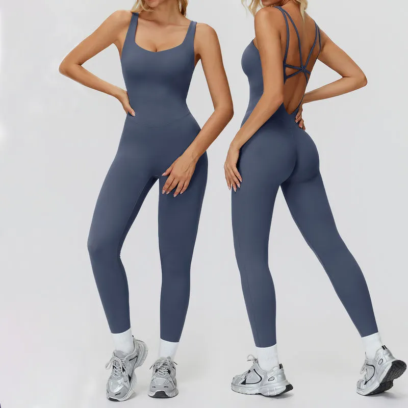 Yoke Yoga Women V Neck Backless Cross Strap Cutout Deep Waist One Piece Jumpsuit Stretchy Fabric Tight Fit Yoga Gym Activewear