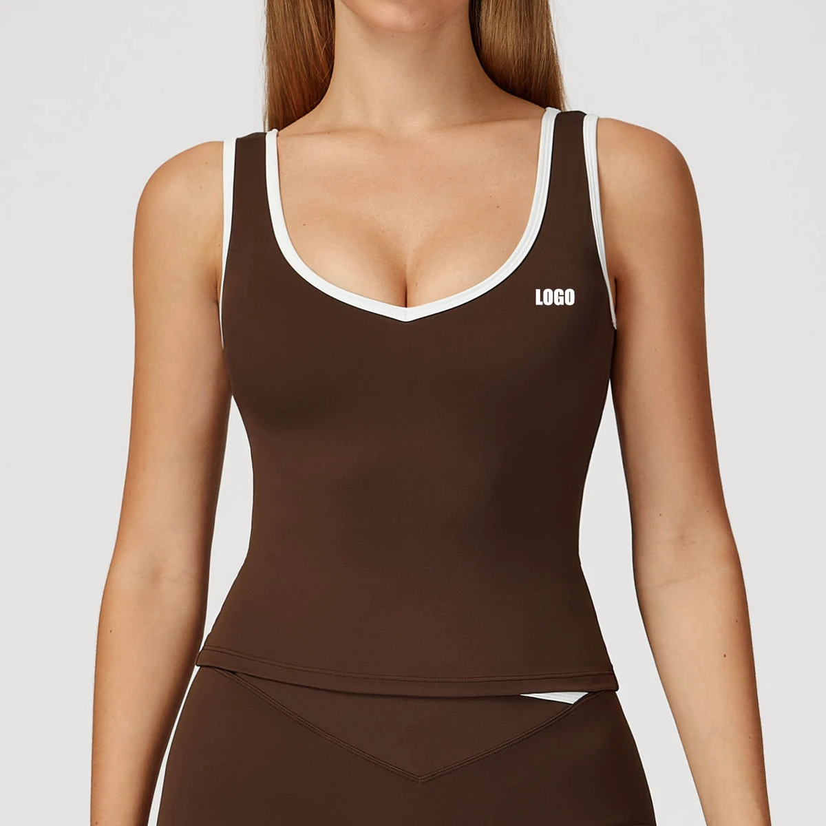 Custom Logo Patchwork Women's Sleeveless Crop Tank Top V Neck Fitted Yoga Top Stretch Workout Fitness Activewear for Gym Running