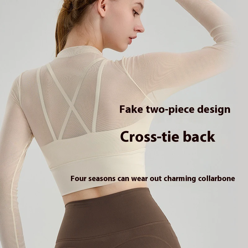 Beautiful Women's Two-Piece Yoga Top Breathable Sports Outer Wear with Long Sleeves Cross Back Mesh Chest Pad