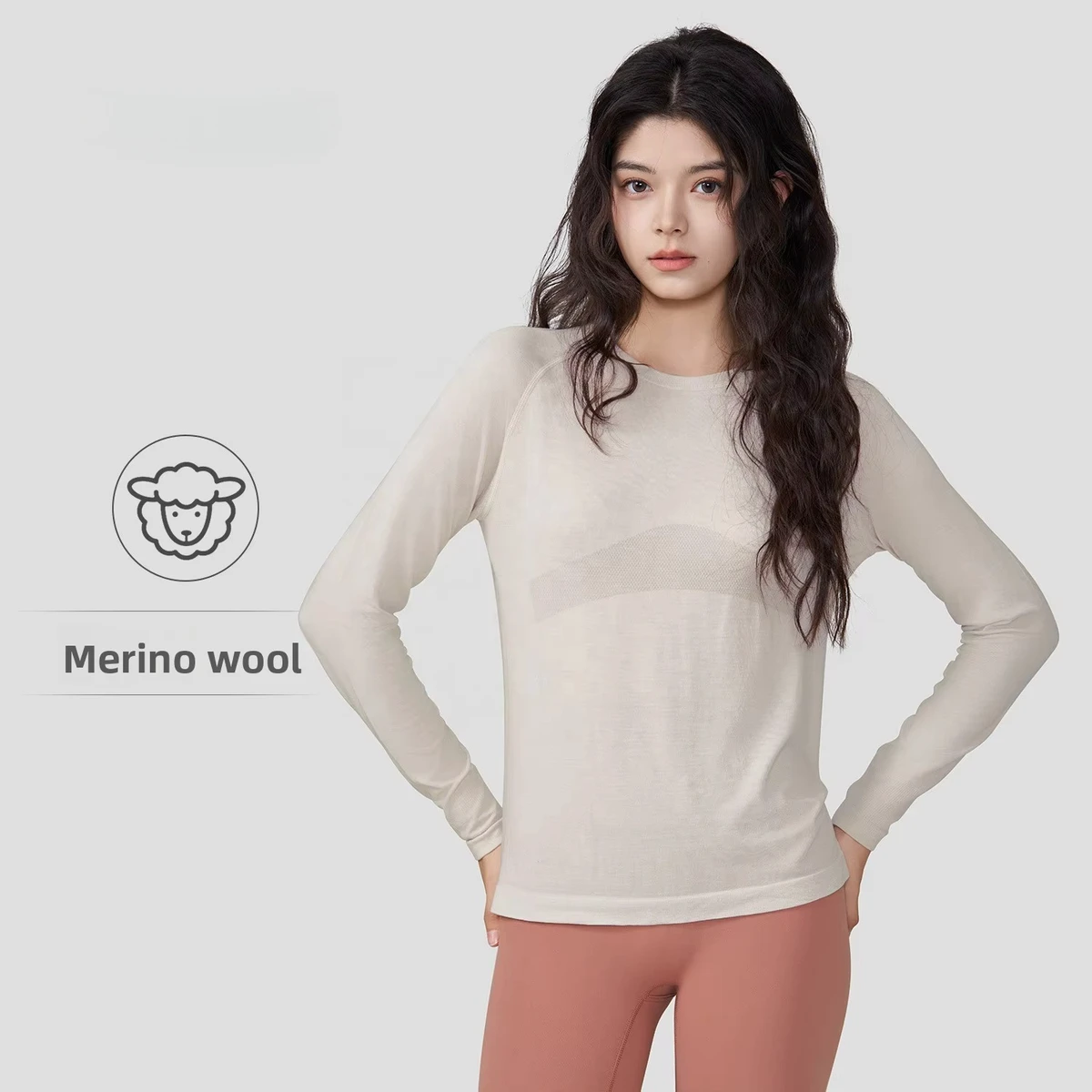 Merino Wool Lightweight Breathable Four-Way Stretch Slim Fit Activewear Women's Long-Sleeve Quick-Dry Pilates Yoga Running