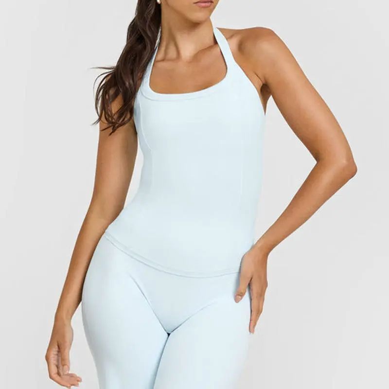 New Arrival Women Halter Beautiful Back Tank Tops Built in Bra Nylon Spandex Fitness Yoga Tops