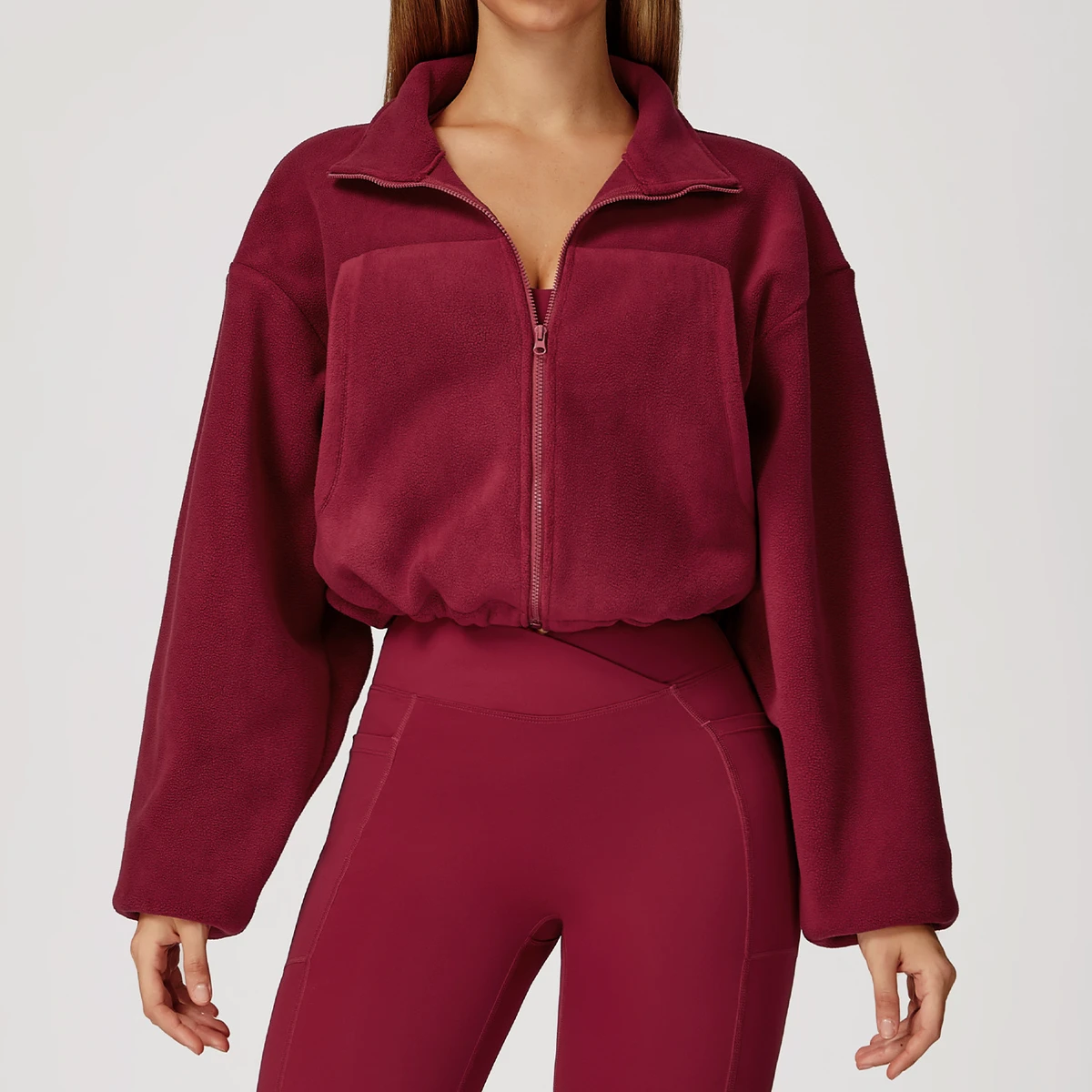 New Breathable Loose Fleece Women's Coat Long Sleeve Stand Collar Full Zip Windproof Side Pockets Jogging Casual Yoga Top